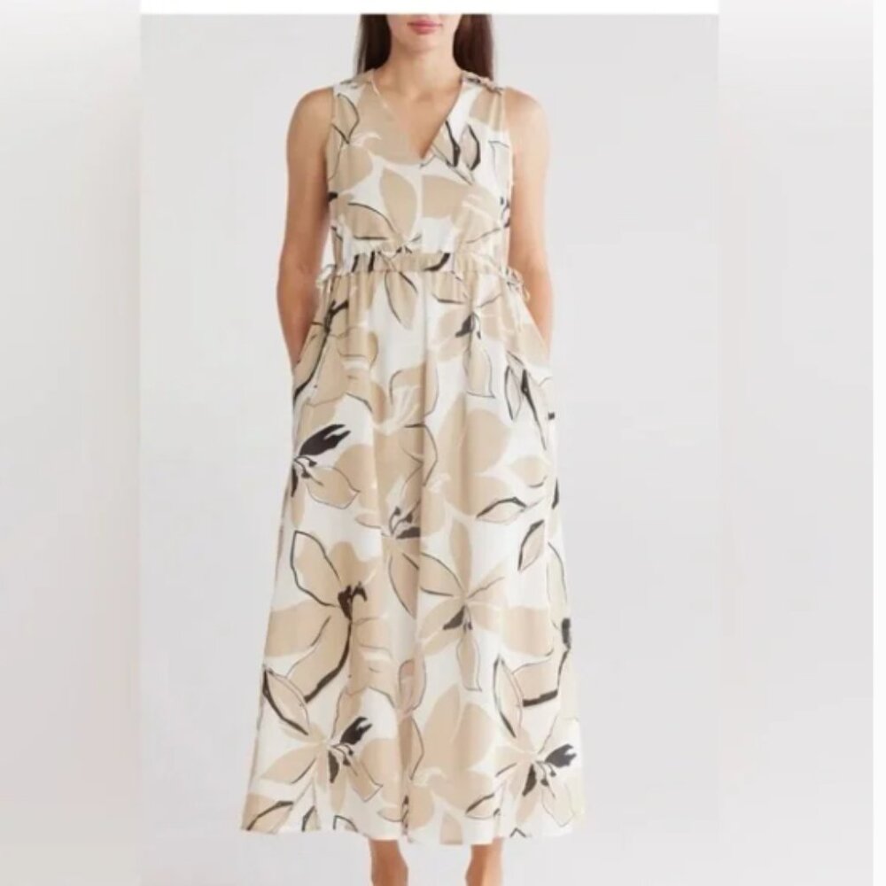 Ellen Tracy Women's Natural Floral Sleeveless Ruffle 100% Cotton Maxi Dress